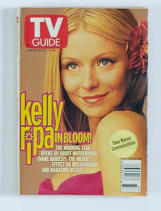TV Guide Magazine cover dated August 18-24, 2001 featuring Kelly Ripa with a floral accent, showcasing her vibrant personality and insights on motherhood and marriage.