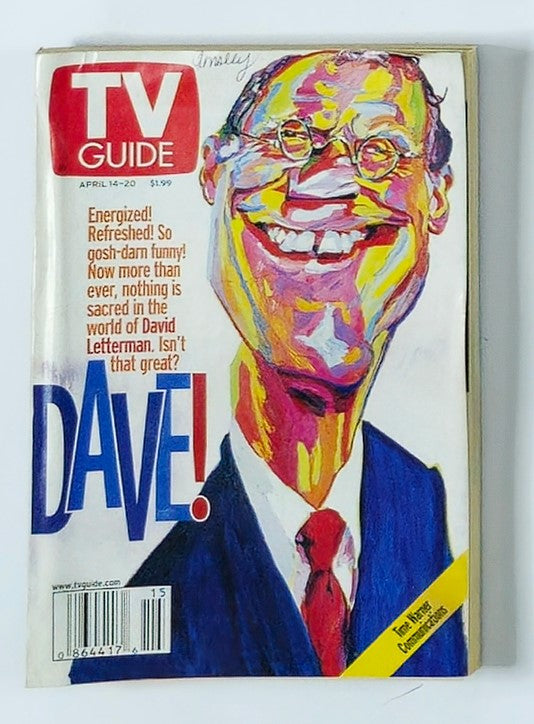 TV Guide Magazine April 14 2001 featuring a colorful illustration of David Letterman on the cover, showcasing his signature humor and iconic presence in late-night television.