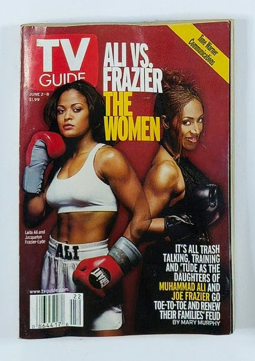 TV Guide Magazine cover from June 2, 2001, featuring Laila Ali and Jacqui Frazier. Highlights the iconic women's boxing matchup 'Ali vs. Frazier' and includes a bold statement about the evolution of women in sports.
