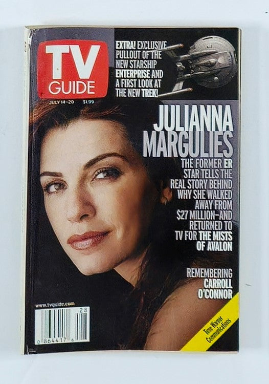Cover of TV Guide Magazine dated July 14, 2001 featuring Julianna Margulies, highlighting her interview and career insights, and the show's dedication to television history.