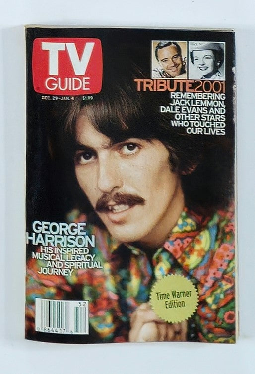 Cover of TV Guide Magazine dated December 29, 2001, featuring George Harrison, highlighting his musical legacy and spiritual journey. This issue also includes tributes to notable figures like Jack Lemmon and Dale Evans.