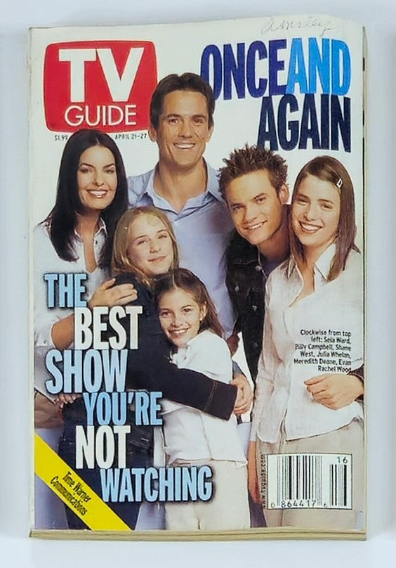 TV Guide Magazine cover from April 21, 2001, featuring Sela Ward and Billy Campbell with the text 'Once And Again' and the tagline 'The Best Show You're Not Watching'. Vintage collectible magazine showcasing early 2000s television culture.