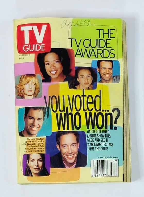 Cover of TV Guide Magazine March 3, 2001 featuring the TV Guide Awards and highlighted personalities including Oprah Winfrey and Jessica Alba. A nostalgic snapshot of early 2000s television culture.