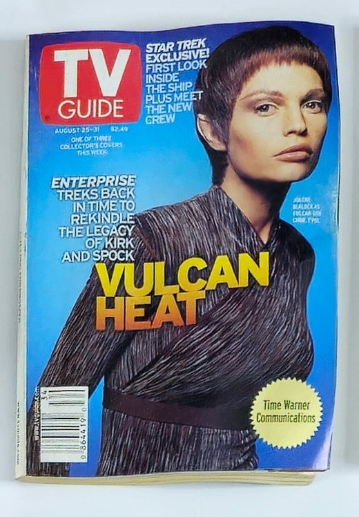 Cover of TV Guide Magazine from August 25, 2001, featuring Jolene Blalock with the headline 'Vulcan Heat', highlighting Star Trek: Enterprise.