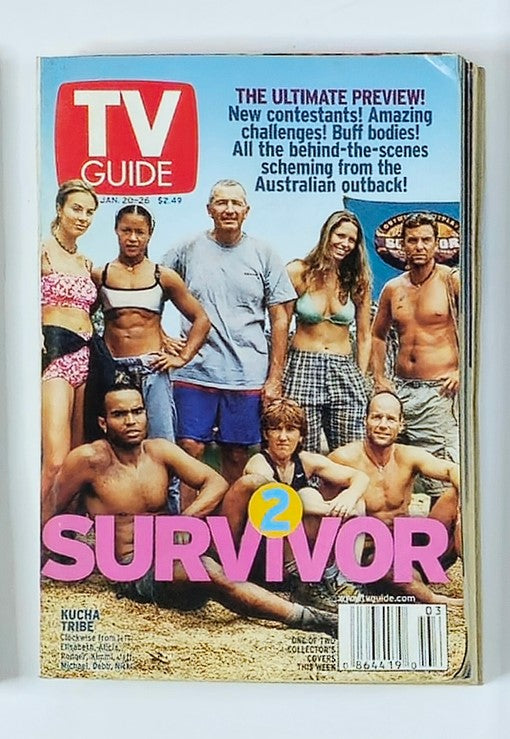 Cover of TV Guide Magazine from January 20, 2001 featuring the Kucha Tribe from Survivor 2. The image showcases the tribe members posing together in swimwear in a setting that reflects the Australian outback.