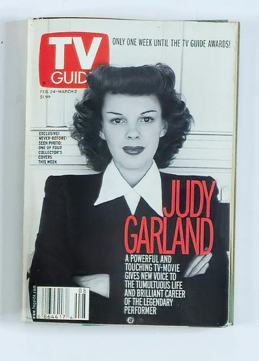 TV Guide Magazine February 24 2001 featuring Judy Garland on the cover, showcasing her significance as a legendary performer with a touch of classic Hollywood glamour.