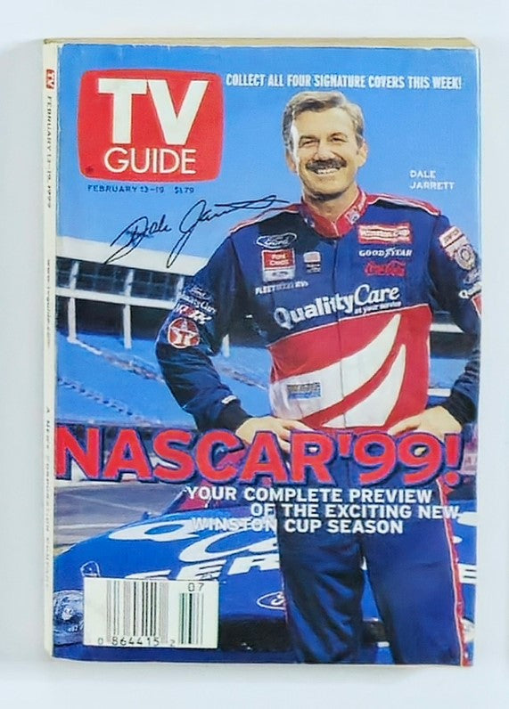 TV Guide Magazine February 13 1999 featuring Dale Jarrett on the cover. The magazine highlights NASCAR 1999 and provides a preview of the Winston Cup season. It showcases Dale Jarrett, a notable NASCAR driver, smiling on the cover with his signature.