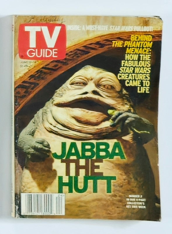 Cover of TV Guide Magazine June 12, 1999 featuring Jabba The Hutt. The issue highlights the Star Wars character with engaging graphics and text discussing behind-the-scenes elements of The Phantom Menace.
