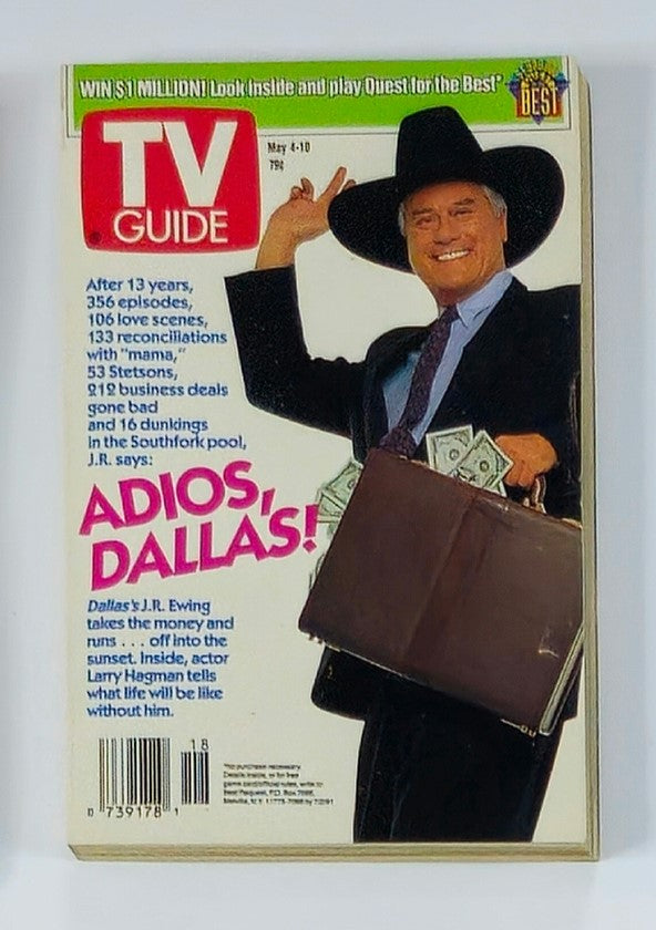 Cover of TV Guide Magazine from May 4, 1991, featuring Dallas' J.R. Ewing holding a briefcase and cash, with the headline 'ADIOS, DALLAS!' This collectible issue captures the essence of early 90s television and is a must-have for fans.