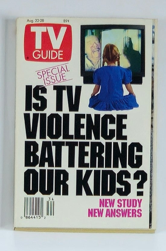 Cover of TV Guide Magazine August 22 1992 featuring the title 'Is TV Violence Battering Our Kids?' highlighting the topic of TV violence and a new study, with an image of a child watching television.
