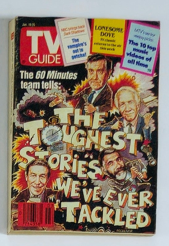 Cover of TV Guide Magazine January 19, 1991 featuring the headline 'The Toughest Stories We've Ever Tackled.' The colorful design includes illustrations of notable television figures and promotional highlights for '60 Minutes' and 'Lonesome Dove.' A vintage collectible magazine capturing a pivotal moment in television history.