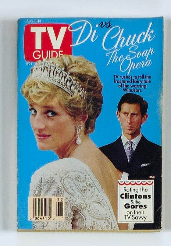 TV Guide Magazine dated August 8, 1992 featuring Princess Diana on the cover, showcasing her iconic look with a tiara and elegant gown. The magazine highlights a comparison of public figures, including Diana and Charles, and offers insights into royal life during a pivotal time.
