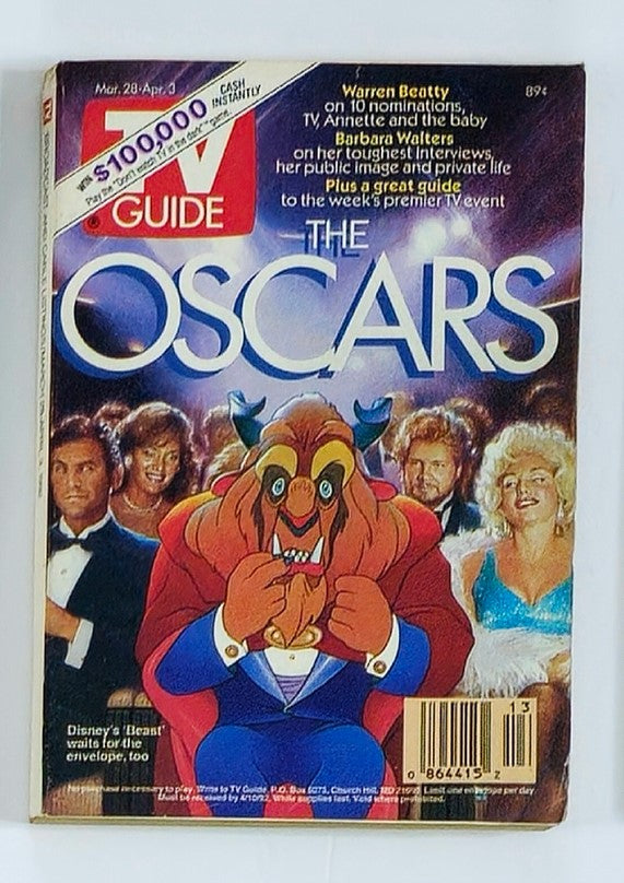 TV Guide Magazine March 28 1992 featuring Warren Beatty and the animated character Beast from Disney's Beauty and the Beast. The cover highlights the Oscars with colorful graphics, showcasing prominent figures in a glamorous setting.