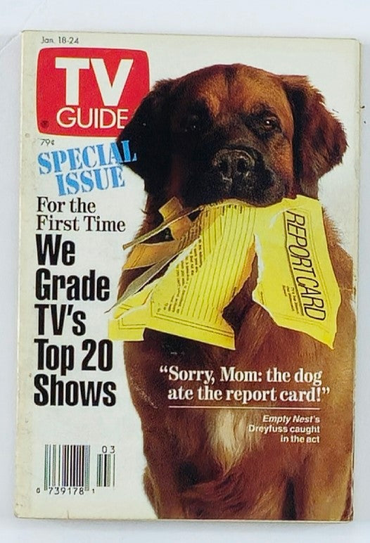 Cover of TV Guide Magazine January 18, 1992 featuring Empty Nest's Dreyfuss with a report card in its mouth. The magazine highlights TV shows and includes humorous elements related to the show.