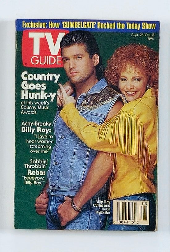 TV Guide Magazine September 26 1992 featuring Billy Ray Cyrus and Reba McEntire on the cover, showcasing country music highlights and cultural moments from the early 90s.