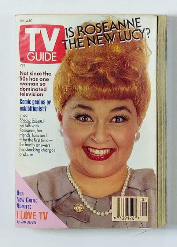 TV Guide Magazine January 4 1992 featuring Roseanne Barr on the cover with the question 'Is Roseanne the New Lucy?' highlighting her impact on television with a vibrant design and her signature hairstyle.