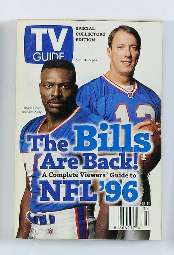 TV Guide Magazine August 31 1996 featuring Bruce Smith and Jim Kelly on the cover. A collectible vintage magazine showcasing the iconic NFL stars. Cover text reads 'The Bills Are Back! A Complete Viewer's Guide to NFL ´96'.