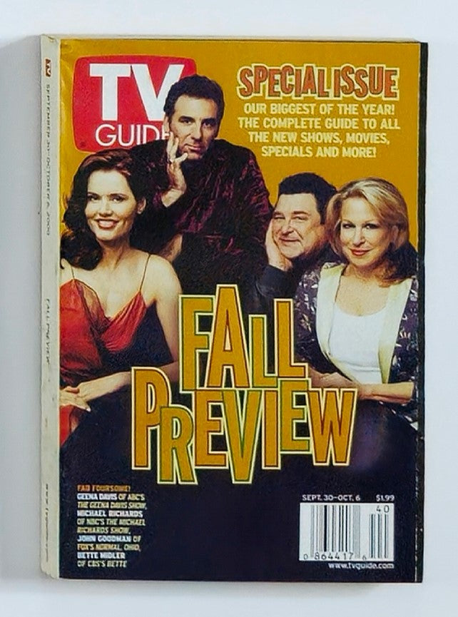 Cover of TV Guide Magazine September 30, 2000, featuring Geena Davis, Bette Midler, and other stars. Highlights the Fall Preview with iconic celebrities, emphasizing nostalgia in television culture.