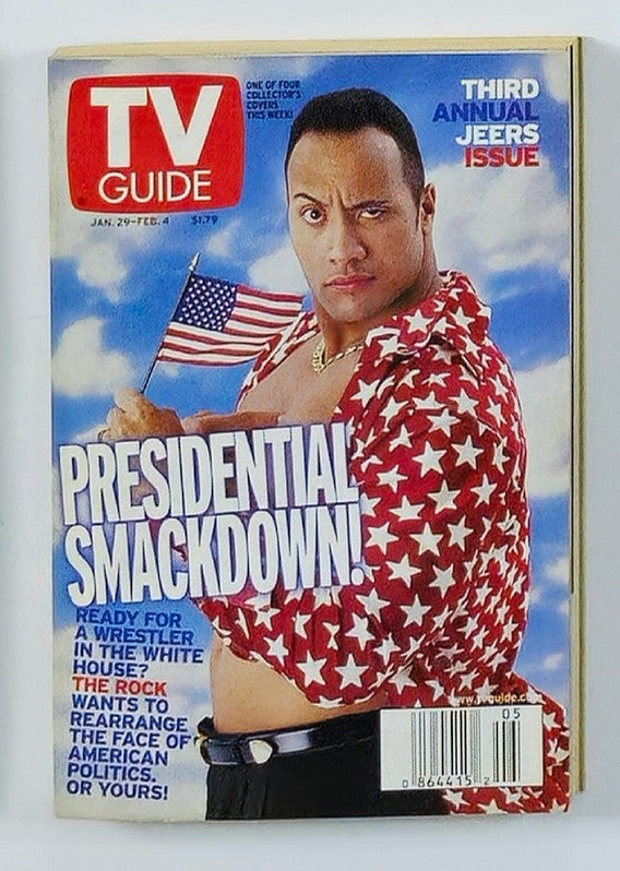 TV Guide Magazine January 29, 2000 featuring Dwayne The Rock Johnson on the cover with a patriotic theme, holding an American flag and wearing a star-patterned shirt, showcasing the issue's focus on entertainment and culture.