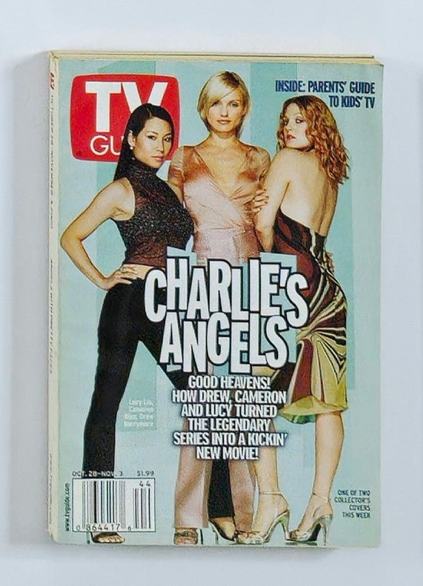 TV Guide Magazine October 28, 2000 featuring Charlie's Angels on the cover, showcasing actresses Drew Barrymore, Cameron Diaz, and Lucy Liu in stylish outfits.