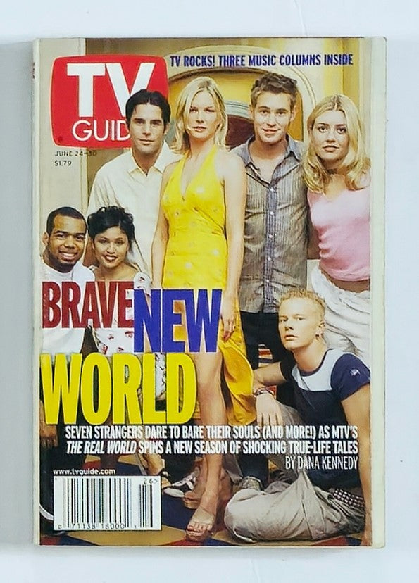 TV Guide Magazine June 24 2000 cover featuring the cast of MTV's The Real World, highlighting the theme 'Brave New World'. This vintage magazine showcases seven reality TV stars in a vibrant yellow ensemble, symbolizing a pivotal moment in television history.