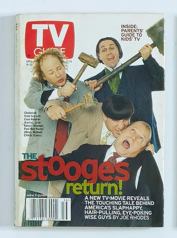 TV Guide Magazine cover from April 15, 2000, featuring Evan Handler and The Stooges. The humorous image showcases actors in comedic poses, promoting the magazine's cover story about the return of The Stooges.