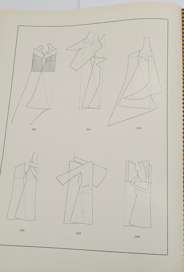 1937 Les Editions Bell Inspirations D'Avant-Saison Haute Couture Brochure showcasing sketches of unique garment designs and patterns.