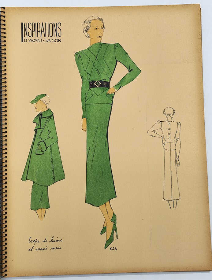 1937 Les Editions Bell Inspirations D'Avant-Saison Haute Couture Brochure highlighting a model in striking green attire with a matching hat.