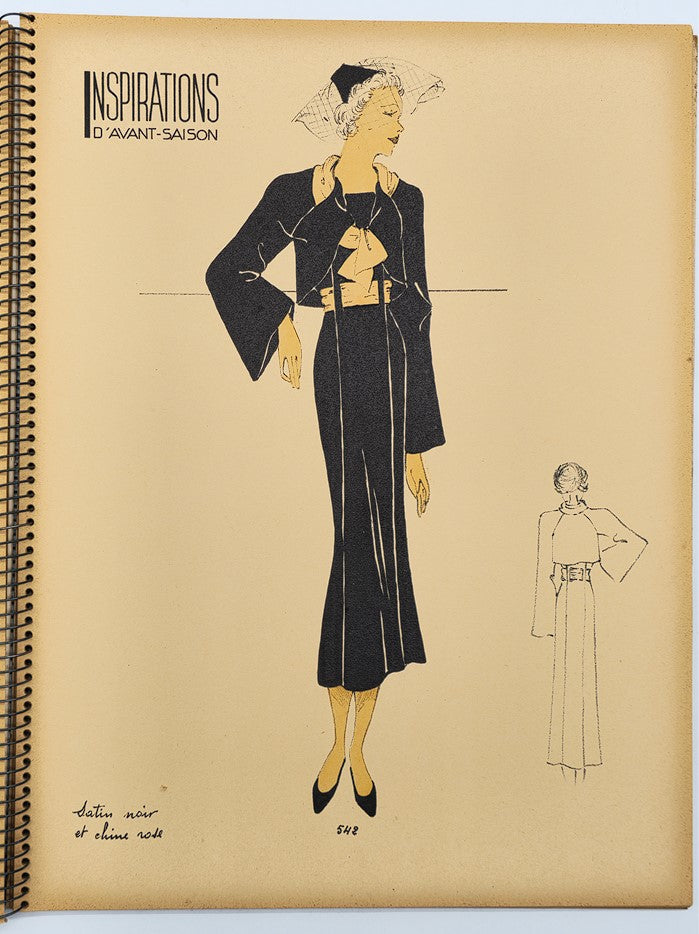 1937 Les Editions Bell Inspirations D'Avant-Saison Haute Couture Brochure displaying a chic ensemble with a black jacket and elegant dress.