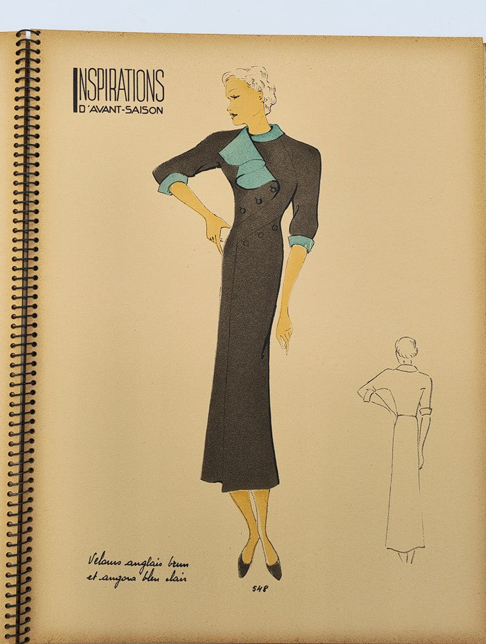 1937 Les Editions Bell Inspirations D'Avant-Saison Haute Couture Brochure portraying a fashionable woman in a tailored outfit with blue accents.