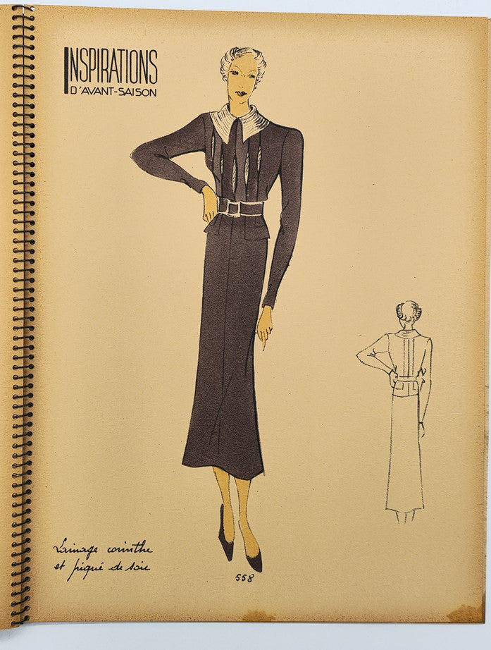 1937 Les Editions Bell Inspirations D'Avant-Saison Haute Couture Brochure showcasing an elegant woman in a fitted dark dress with a decorative collar and belt.