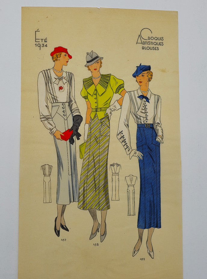 Croquis Élegants: Modeles D'Avant Saison Hiver 1933 showcasing French fashion sketches for summer 1934, featuring three stylish women in vibrant outfits.