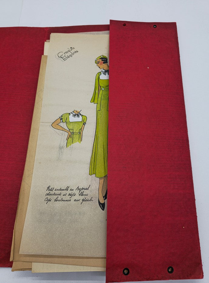 Interior view of the Croquis Élegants: Modèles D'Avant Saison Hiver 1933 Brochure, showcasing a vibrant green dress design.