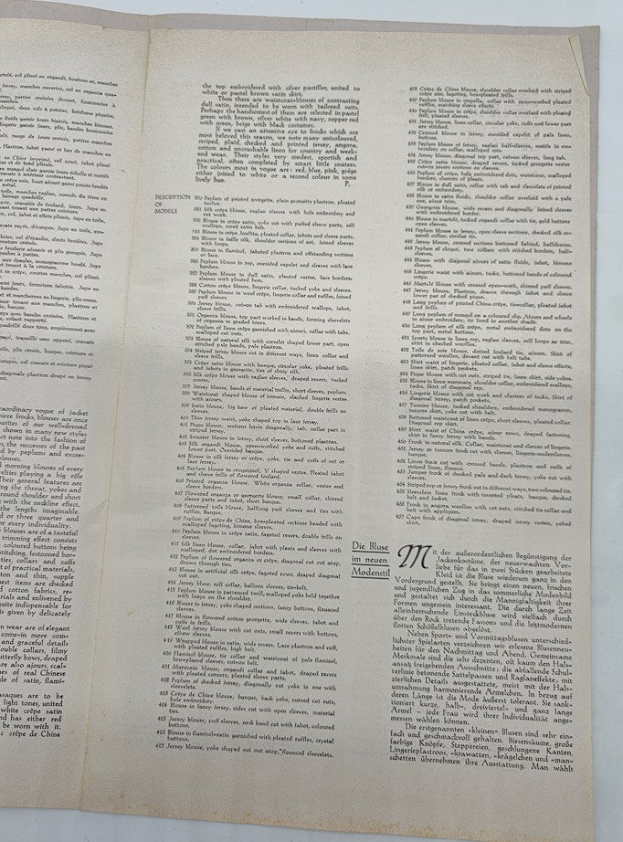 Interior page of the 1934 Croquis Artistiques Blouses No. 5 Brochure Catalog displaying detailed descriptions and patterns of vintage blouse designs.