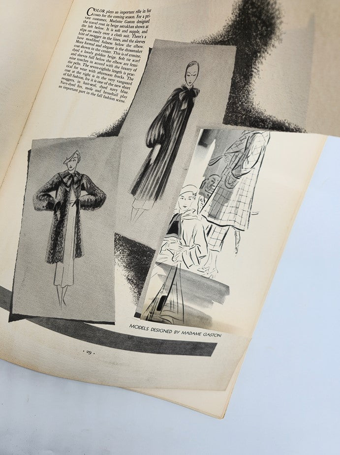 VTG Fashions Art Magazine Fall 1934 showcasing illustrations of models designed by Madame Gaston, highlighting the elegance and creativity of 1930s fashion.