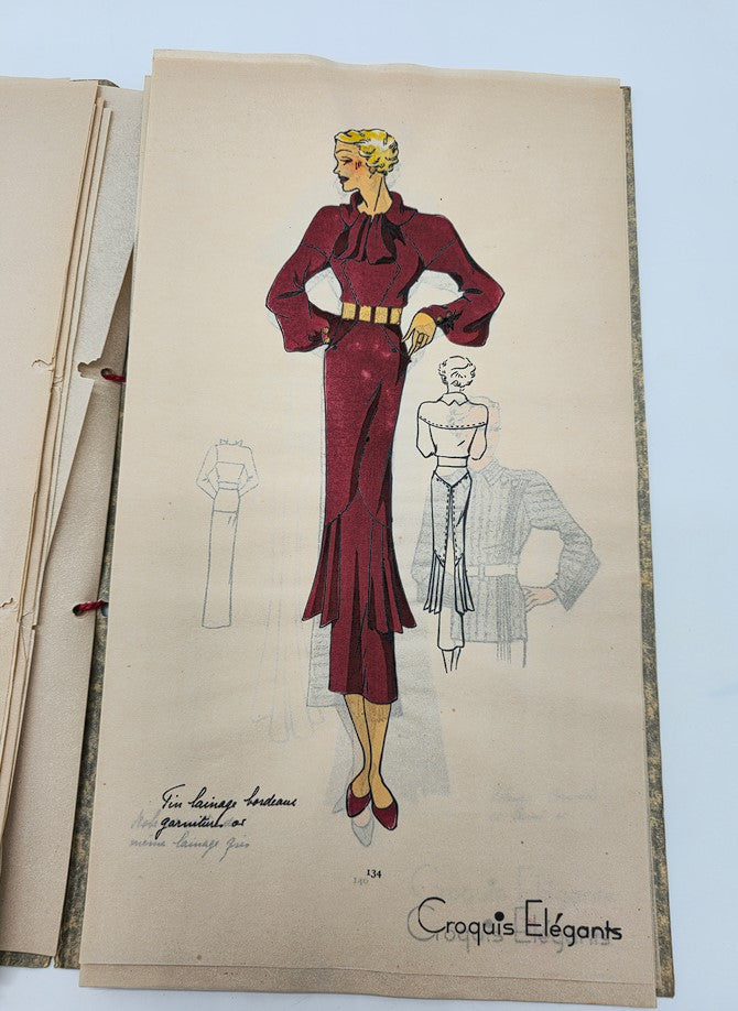 Illustration from Croquis Elegants: Ce Qui Se Portera Hiver 1934 No. 2 Brochure showcasing a fashionable woman in a stylish winter dress.