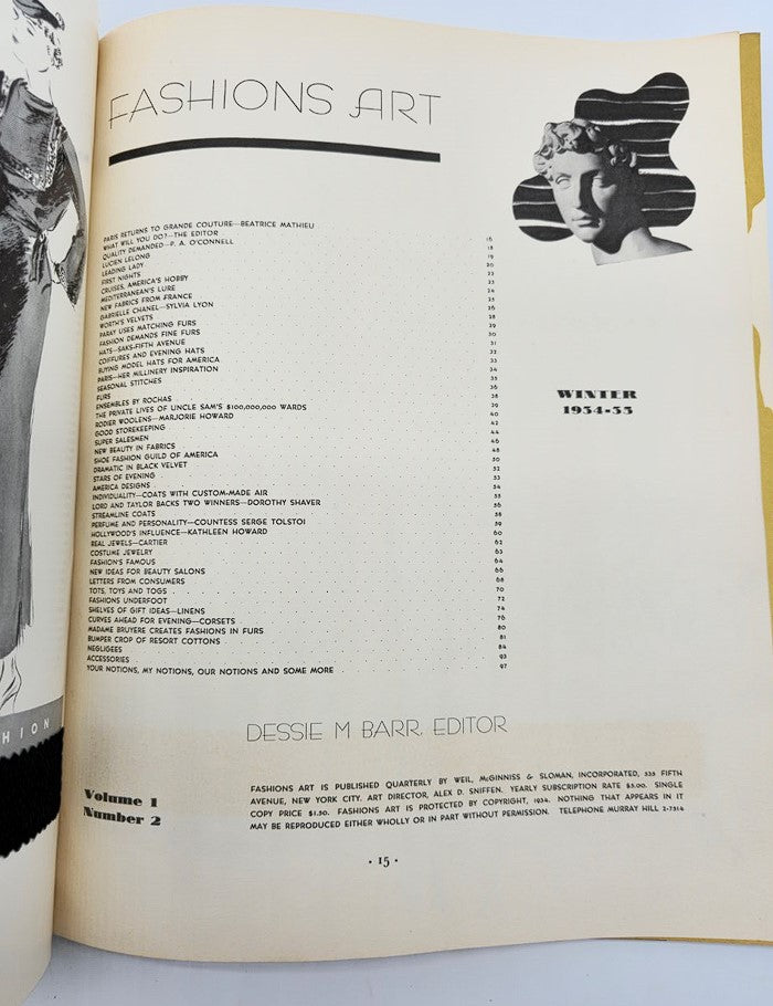 Table of contents from VTG Fashions Art Magazine Winter 1935, listing featured articles and designers, reflecting the fashion landscape of the era.