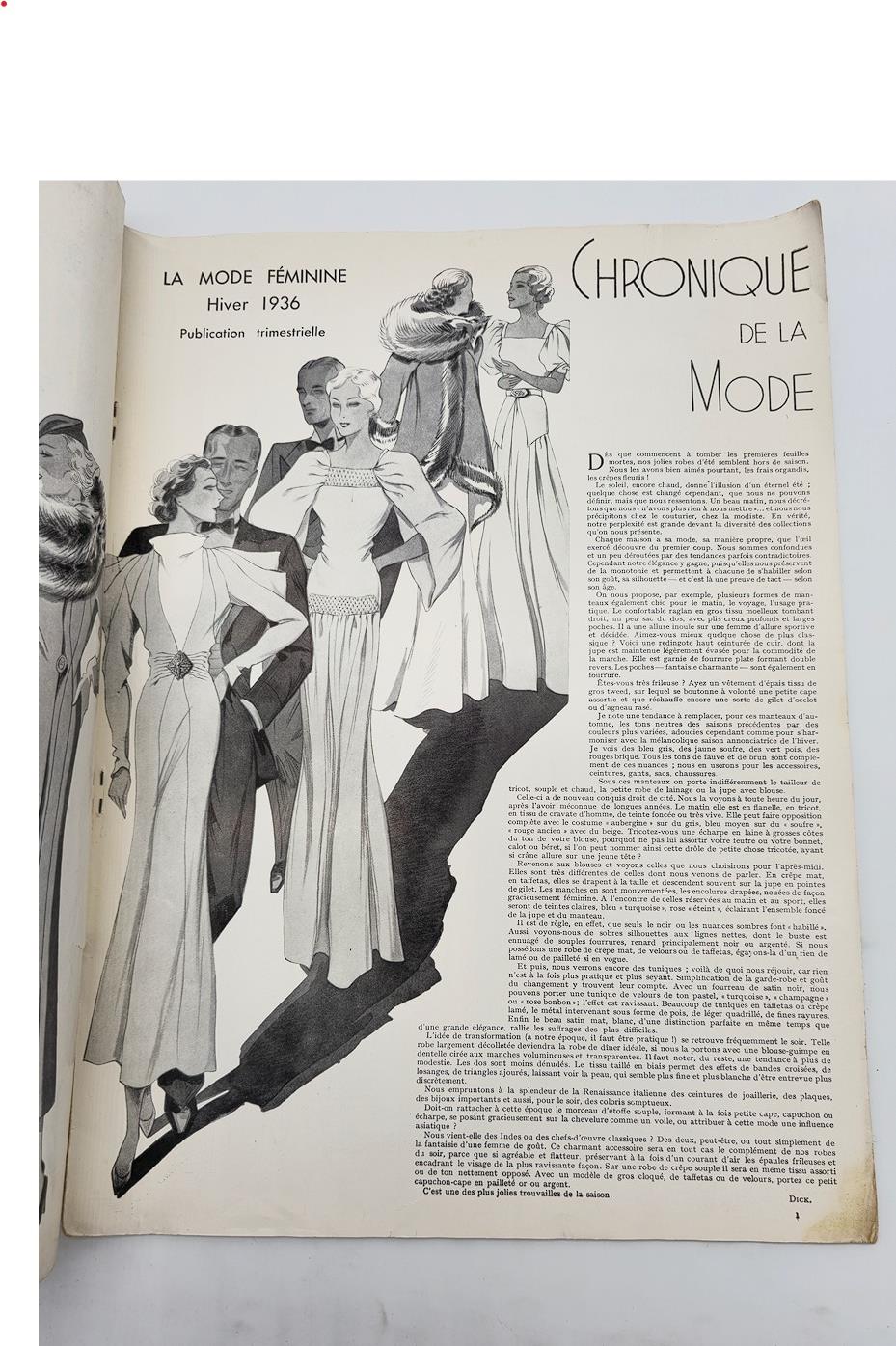 Interior page of the 1936 Hiver No. 34 La Mode Feminine Chronique De La Mode magazine featuring elegant fashion illustrations and editorial content.
