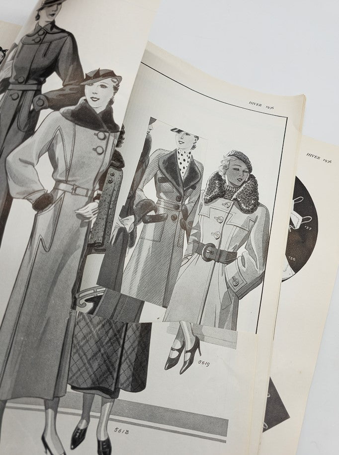 Fashion illustrations from the 1936 Hiver No. 34 La Mode Feminine Chronique De La Mode magazine depicting stylish coats and outfits.