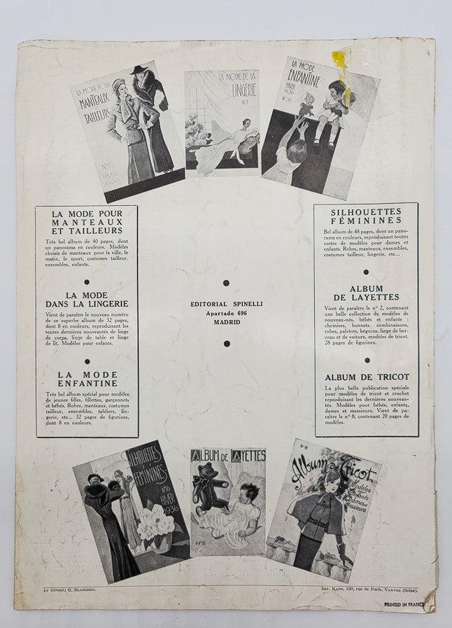 Back cover of the 1936 Hiver No. 34 La Mode Feminine Chronique De La Mode magazine, featuring advertisements and illustrations related to fashion and lingerie.