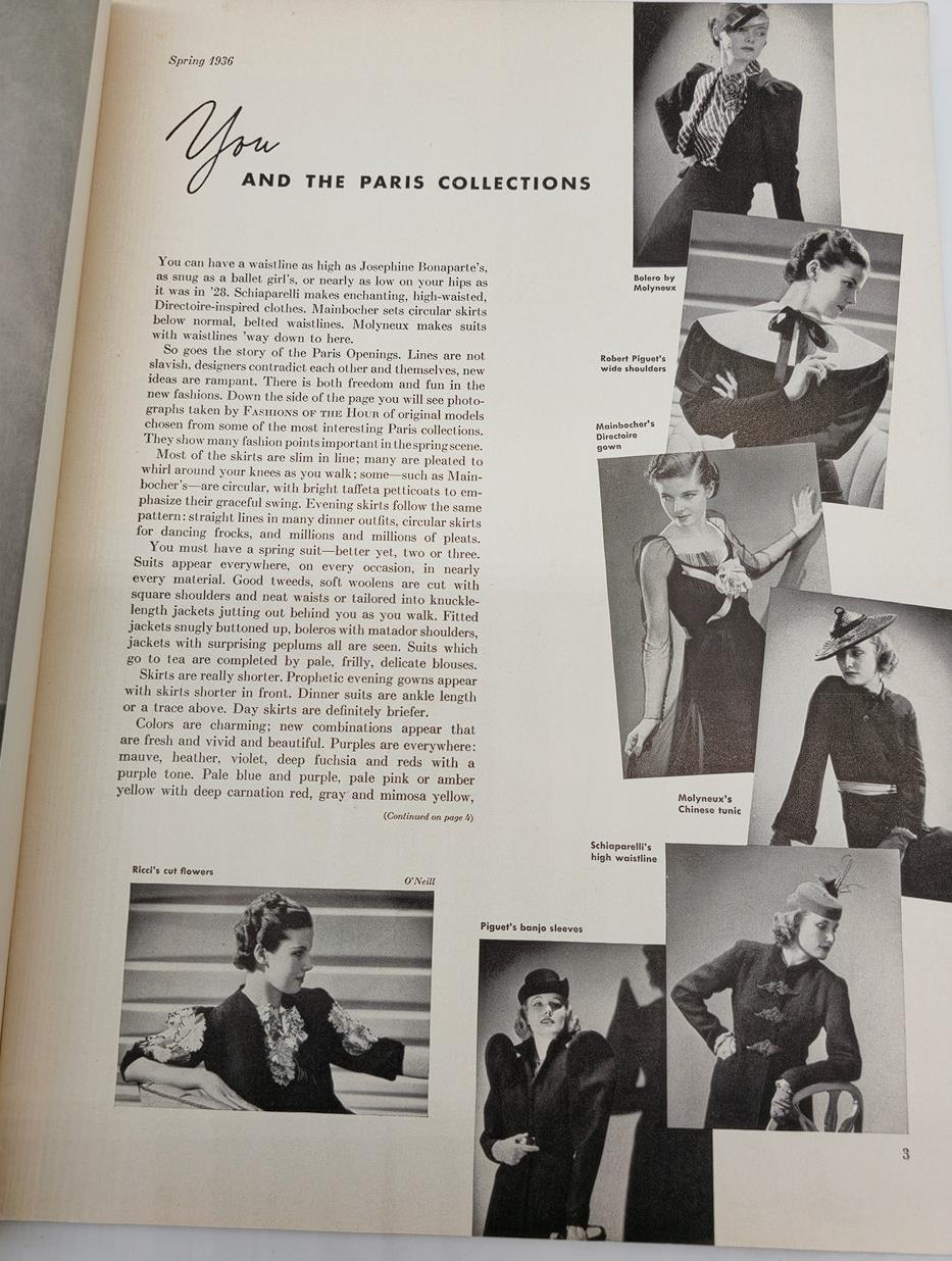 Page from VTG Fashions of The Hour Magazine Spring 1936 The Paris Collection showcasing elegant fashion illustrations and descriptions of Paris collections.