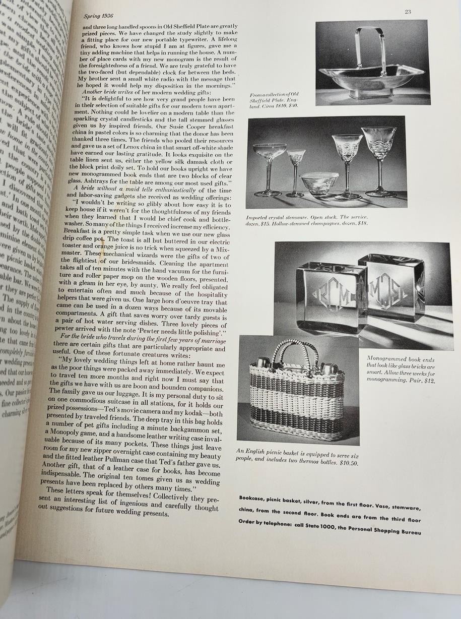 Page featuring wedding gifts and home decor ideas from VTG Fashions of The Hour Magazine Spring 1936 The Paris Collection, highlighting luxurious items.