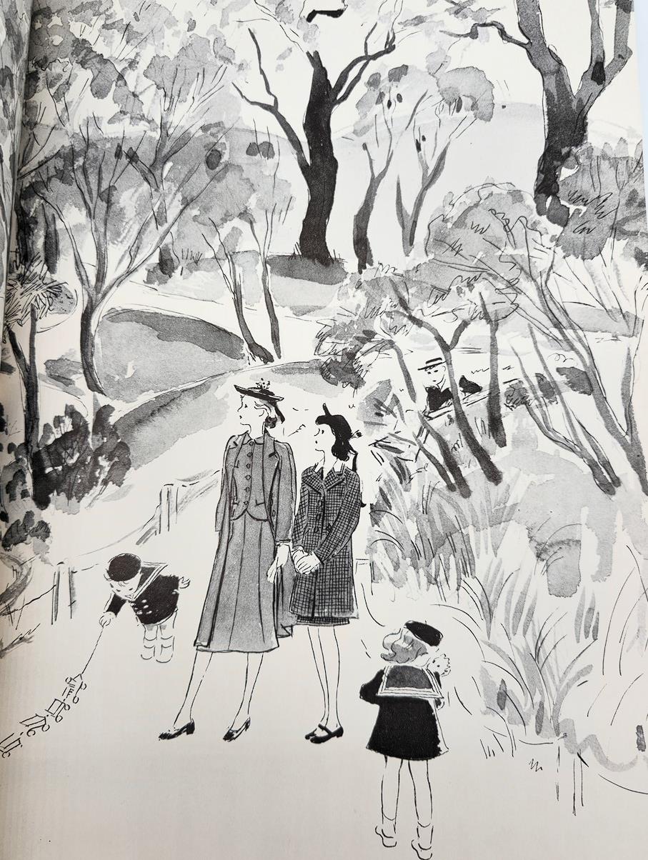 Illustration of two women dressed in 1930s fashion with children in a park, from VTG Fashions of The Hour Magazine Spring 1936 The Paris Collection.