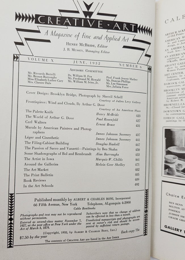 VTG Creative Art Magazine June 1932 featuring the editorial page with details about the cover design of the Brooklyn Bridge photograph.