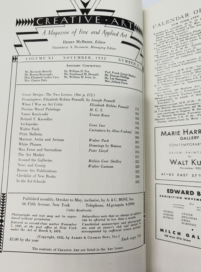 Inside page of VTG Creative Art Magazine November 1932 detailing the contents and articles, including information about the feature 'The Two Lovers'.
