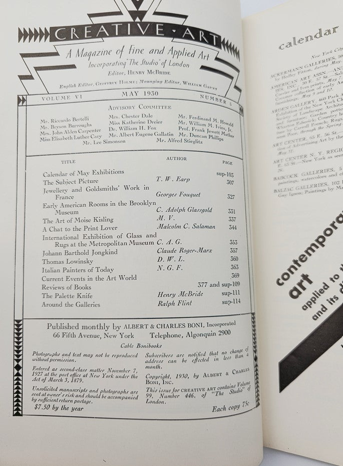 Table of contents page from the May 1950 issue of VTG Creative Art Magazine, detailing articles and contributions by various artists and writers.
