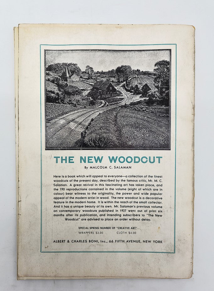 Back cover of the Vintage Creative Art Magazine June 1930, featuring a promotional piece for 'The New Woodcut' by Malcolm C. Salaman.