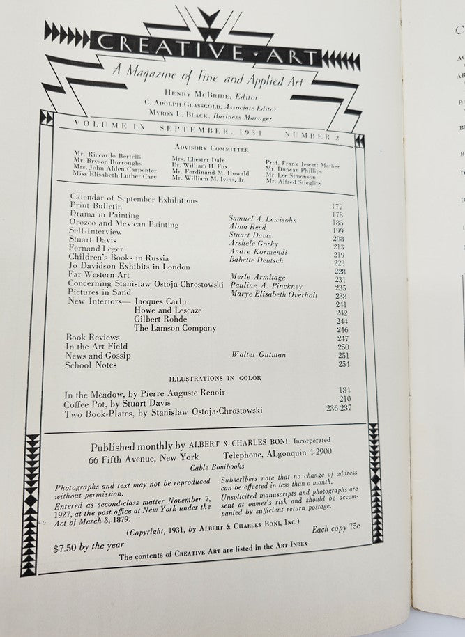 Inside page of VTG Creative Art Magazine September 1931 displaying the editorial and advisory committee details along with a list of featured articles.
