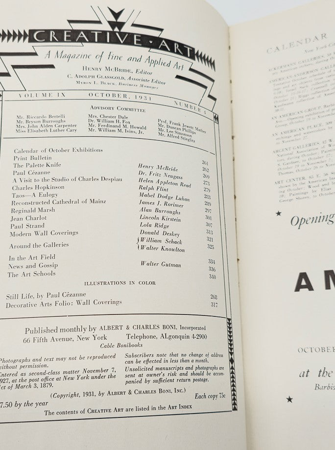 Inside page of VTG Creative Art Magazine October 1931 showing the contents with articles on fine and applied art, including 'Still Life by Paul Cézanne'. An essential resource for art enthusiasts.
