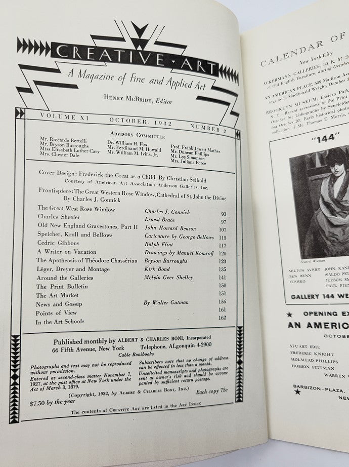 Interior page of VTG Creative Art Magazine October 1932, featuring the editorial section and contributions including cover design of Frederick the Great as a Child by Christian Seibold.